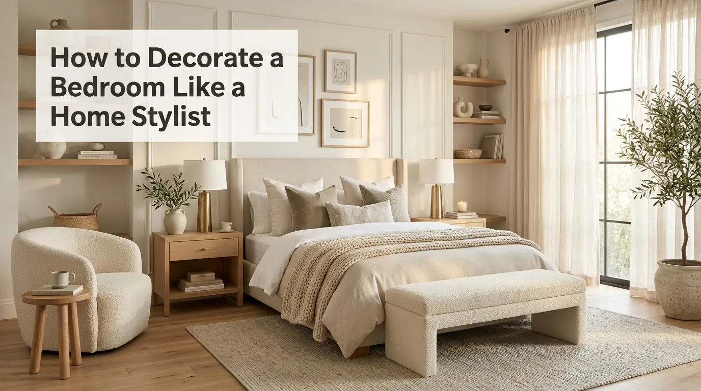 ### **Premium Pinterest AI Image Prompt (Ultra-Realistic • Luxury Editorial • Photorealistic)** **Aspect Ratio:** **16:9 Landscape** ### **Prompt:** Create an **ultra-realistic, hyper-detailed, Pinterest-viral luxury editorial interior photograph** illustrating **How to Decorate a Bedroom Like a Home Stylist** inside a breathtaking designer bedroom. The space should look as if it has been professionally styled for the cover of a luxury interior magazine, with every element thoughtfully layered and perfectly balanced. Blend **Organic Modern, Scandinavian, Japandi, Contemporary, Boutique Hotel, California Casual, Modern European, and Quiet Luxury** aesthetics. The centerpiece is a **luxurious king-size upholstered platform bed** with an **oversized ivory bouclé headboard**, dressed in **crisp white linen bedding**, layered European pillows, textured neutral cushions, a chunky knit throw, and a soft linen bed runner. The bed should instantly become the elegant focal point of the room. Visually demonstrate **professional styling techniques**, including: * perfectly layered luxury bedding * oversized upholstered statement headboard * symmetrical bedside styling * matching floating white oak nightstands * sculptural ceramic table lamps with warm lighting * oversized abstract artwork centered above the bed * textured wool area rug extending beneath the bed * cozy reading corner with a bouclé lounge chair * oversized indoor olive tree adding natural height * elegant decorative accents styled in balanced groupings Style every surface with **artisan ceramic vases, handcrafted pottery, travertine trays, marble decorative bowls, stacked linen-covered books, sculptural candle holders, white orchids, eucalyptus stems, olive branches, luxury candles, crystal glass accessories, woven baskets, linen storage boxes, designer perfume bottles, handcrafted wood décor, and minimalist sculptures**. Every item should appear intentionally placed, balanced, and free from clutter. The architecture features **vaulted ceilings**, warm white limewashed walls, a **vertical white oak slat feature wall** behind the bed, wide-plank European white oak flooring, oversized black steel-framed windows, recessed architectural lighting, custom wall molding, floating cabinetry, floor-to-ceiling sheer linen curtains, and expansive sliding glass doors opening to a tranquil private garden with **olive trees, ornamental grasses, limestone paving, and minimalist outdoor seating**. Capture the room during **golden morning light**, with abundant sunlight flowing through the floor-to-ceiling windows, softly illuminating the linen fabrics, oak wood grain, handcrafted ceramics, layered textures, and premium styling details. Emphasize cinematic lighting, HDR photography, realistic reflections, flawless craftsmanship, luxurious depth of field, crisp architectural styling, and world-class editorial interior photography. The color palette features **warm white, ivory, cream, oatmeal, soft beige, greige, natural white oak, travertine, limestone, brushed brass, matte black accents, sage green, olive green, crystal-clear glass, and warm golden sunlight**, creating an atmosphere that feels sophisticated, calming, timeless, professionally styled, and exceptionally luxurious. Photographed using a **Canon EOS R5**, **50mm RF prime lens**, **50mm focal length**, **f/2.8 aperture**, HDR photography, ultra-sharp focus, crystal-clear details, realistic depth of field, luxury interior editorial photography, Pinterest-optimized composition, stop-scrolling thumbnail quality, **8K ultra-high resolution**, **no people, no text, no logos, no labels, no watermarks, no blur, no distortion, no clutter, and no graphic overlays**. The final image should feel like the cover of a premium interior design magazine—expertly styled, bright, elegant, timeless, and irresistibly save-worthy for Pinterest bedroom decorating inspiration.